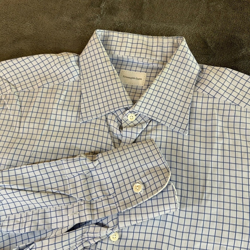 Ermenegildo Zegna Dress Shirt Mens size 16.5 / 42 Blue Check Spread Collar